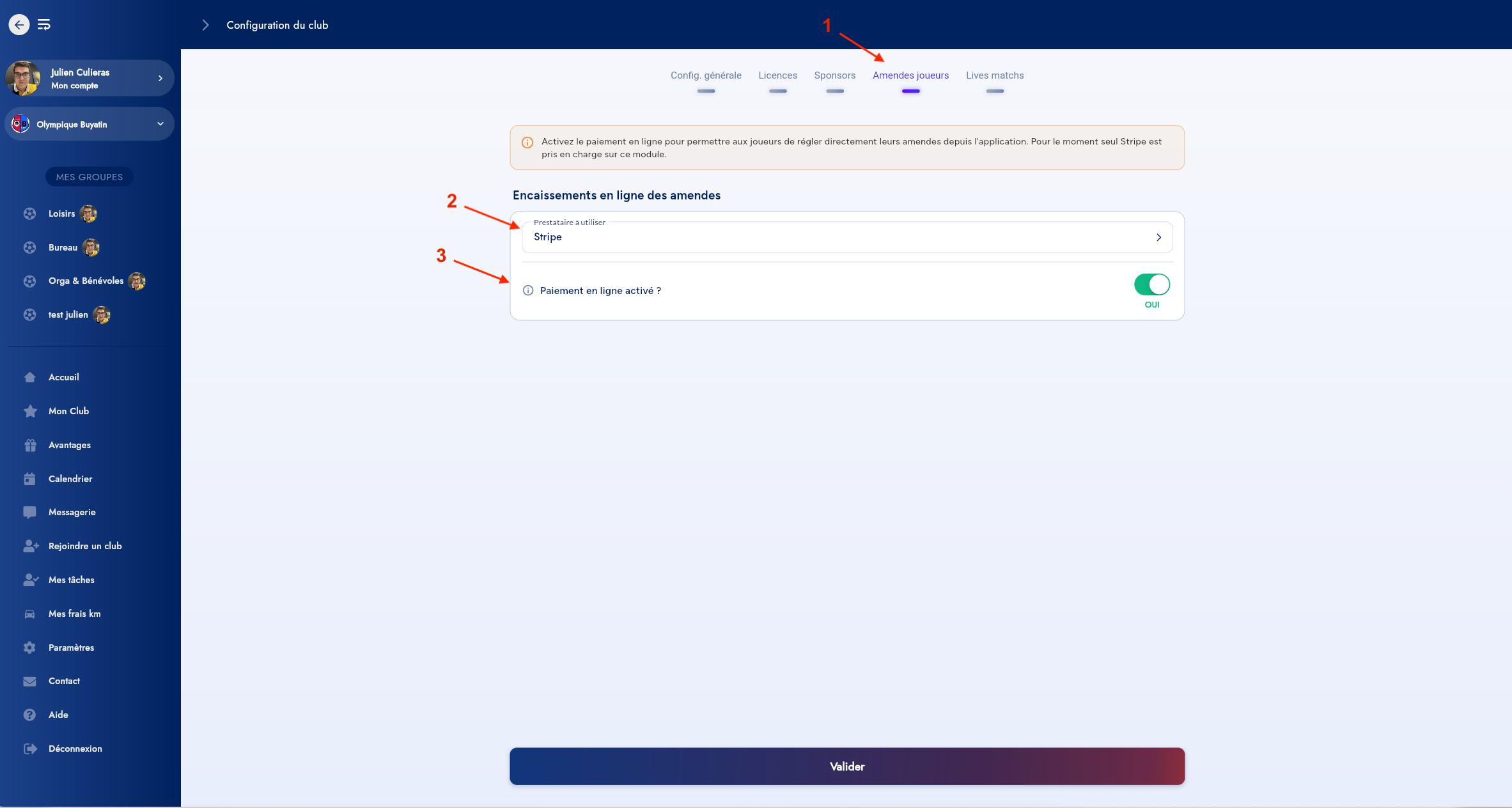 Onglet Amendes joueurs avec activation Stripe